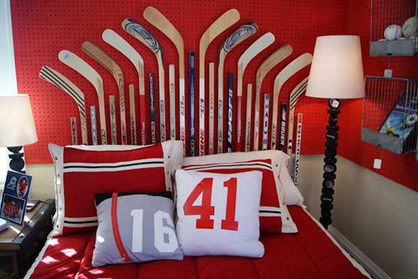 #23 Hokey Inspired Headboard Embedded in Hockey Themed Bedroom