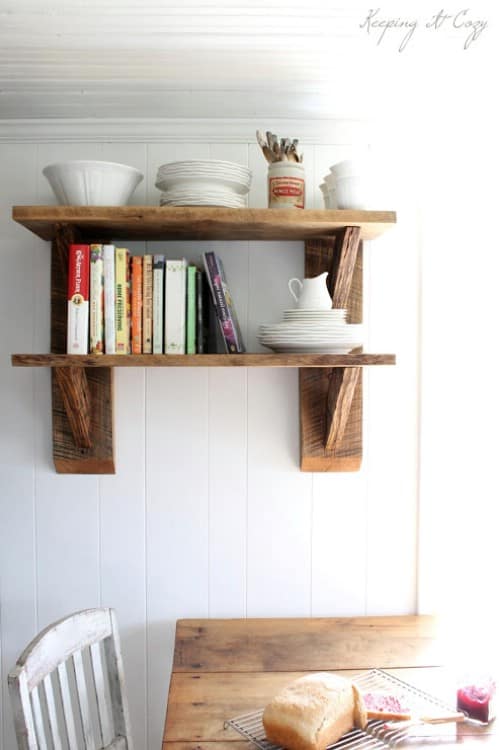 9. These kitchen shelves are made from reclaimed wood that gives a wonderful farmhouse look to them