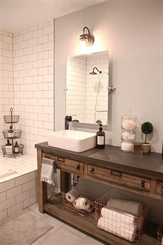 26. Bathroom Wooden Counter With Concrete Top