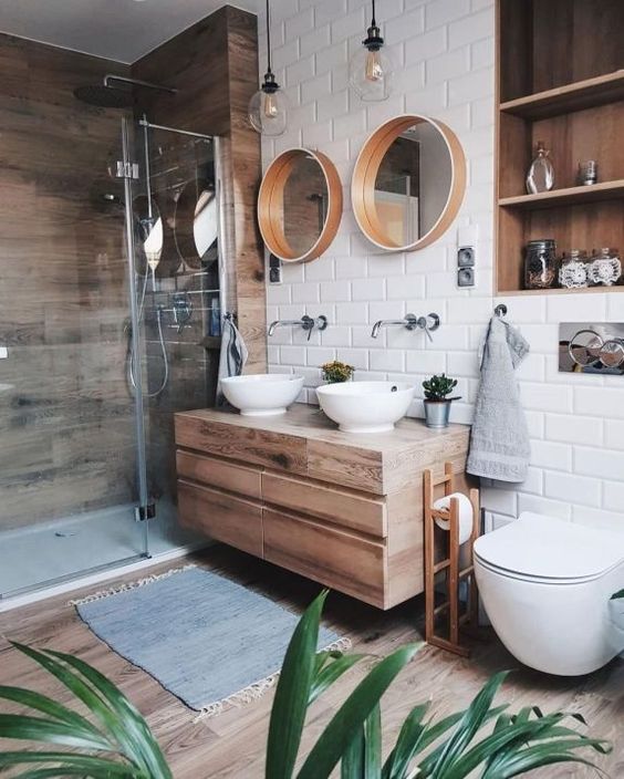 33. Modern Bathroom Invites Wooden Surfaces In