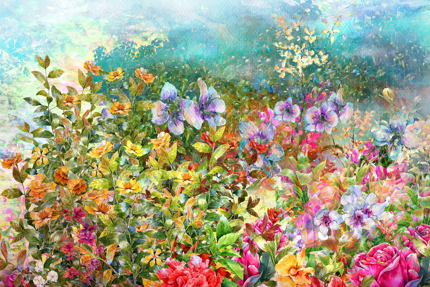 Abstract colorful flowers watercolor painting. Spring multicolored