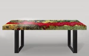 Table modern style made of casting epoxy resin Padauk burl wood legs made of steel on floor white background