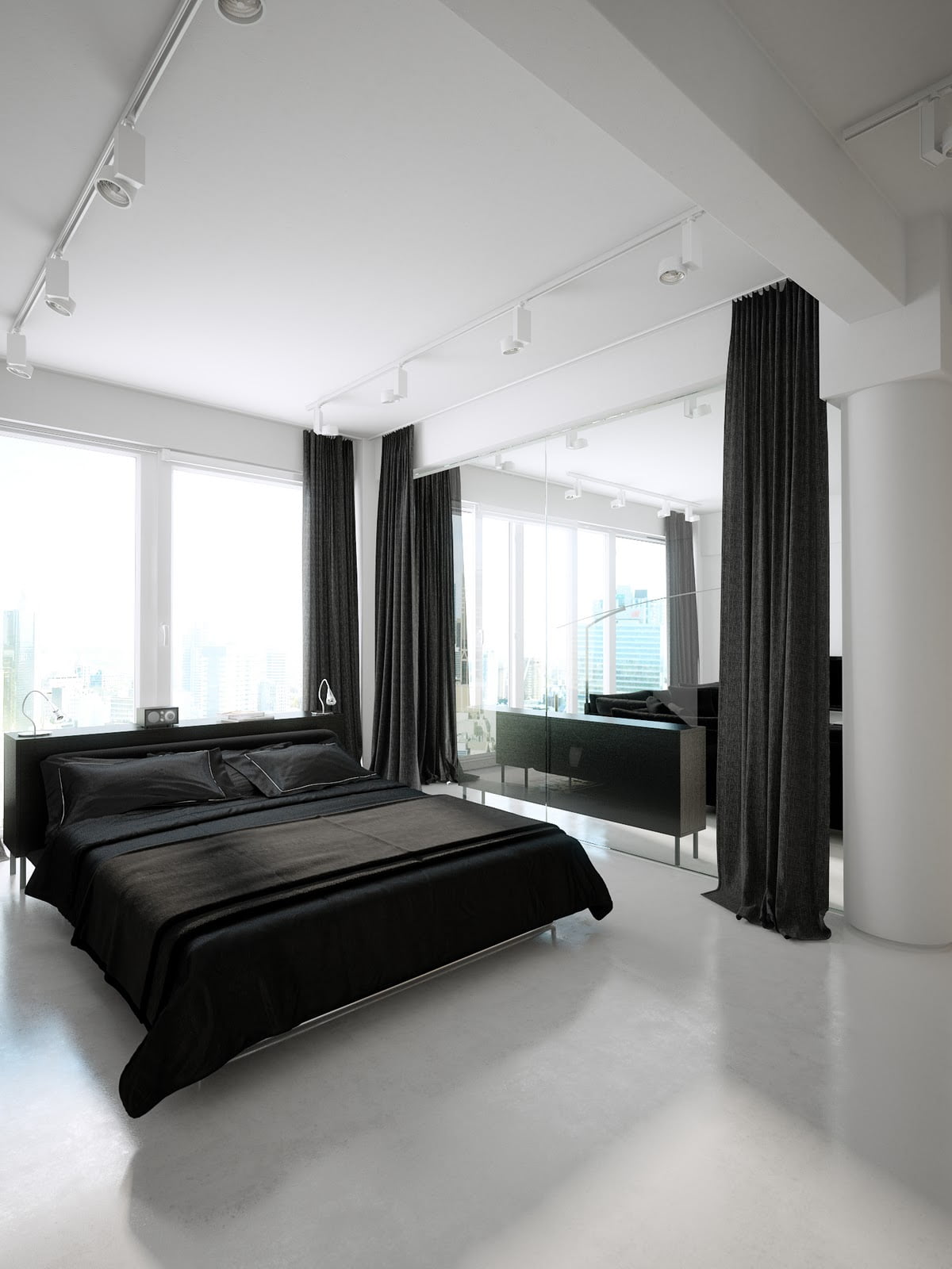 black furniture in black and white interior design