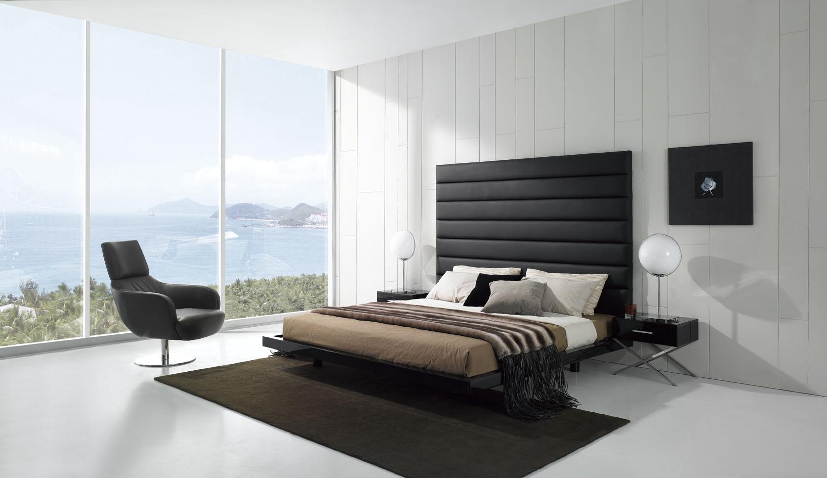 black and white bedroom with amazing view