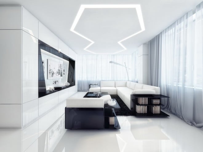 simple room clean lines touch of black elements black and white contemporary design richness wealth shiny finishes