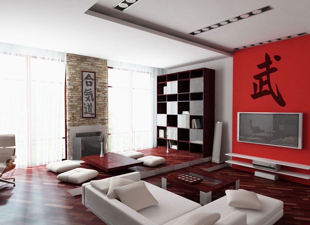 black white and red living room interior design