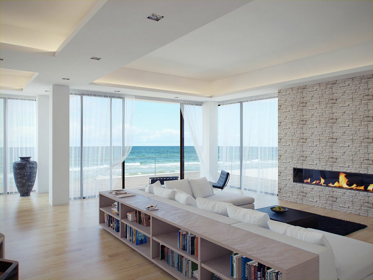 extraordinary white stark interior design for living room with opening to the beach