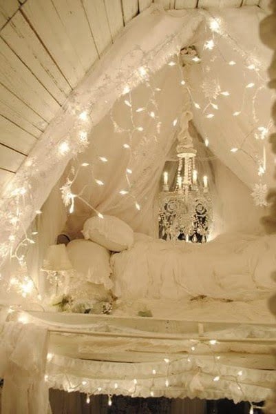 failry tale small attic bedroom interior design in white