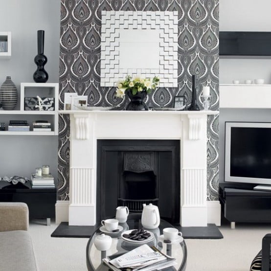 black and white fireplace 21 Creative&Inspiring Black And White Traditional Living Room Designs