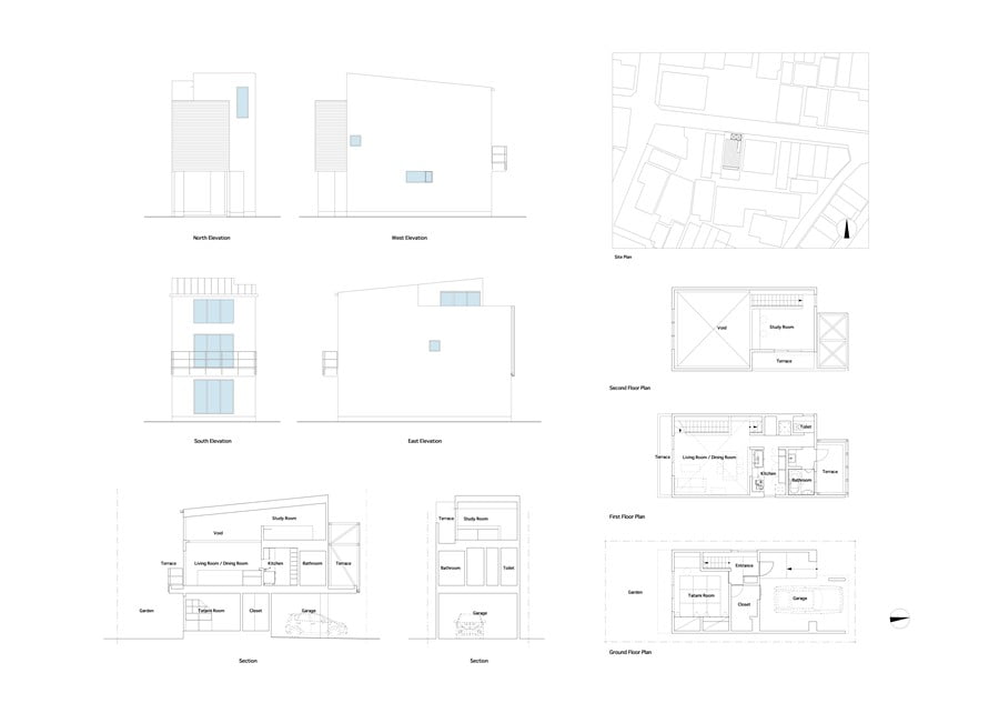 blueprint floorplant section plane trough Minimalist-Japanese-Residence-Enhancing-a-Narrow-Site-House-F-homesthetics-studio