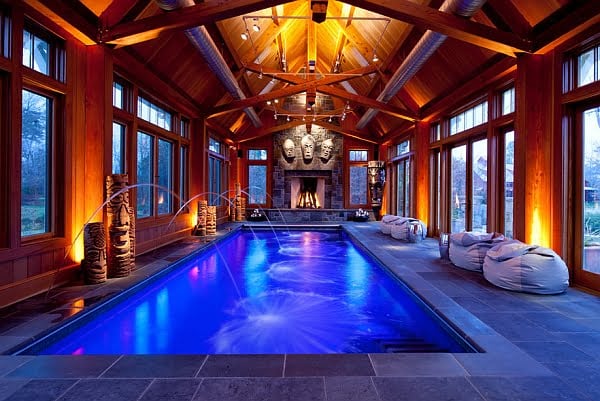 Indoor Swimming Pool With Wooden Roof Structure