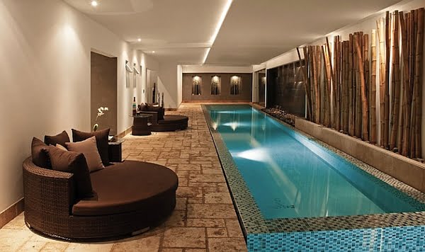 Luxurious Textures Surrounding a Narrow Swimming Pool