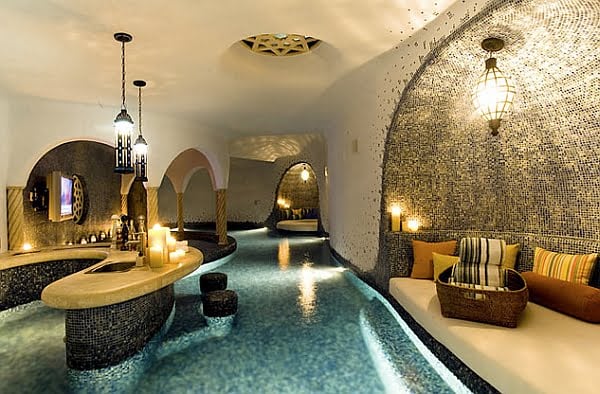 Morrocan Style Indoor Pool with a Bar and Lounge Area