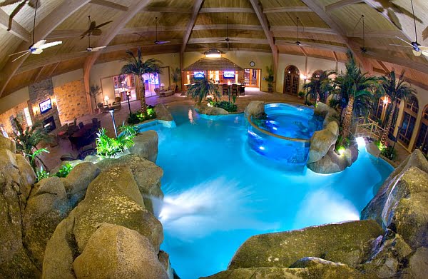 Aquarium with Salt Water and Waterfalls in a Tropical Lagoon Setting