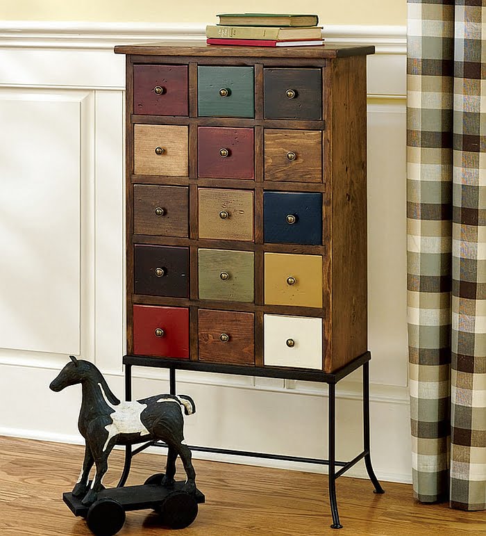 Apothecary Chest on a Stand Realized from White Pine Wearing a Contemporary Touch of Color