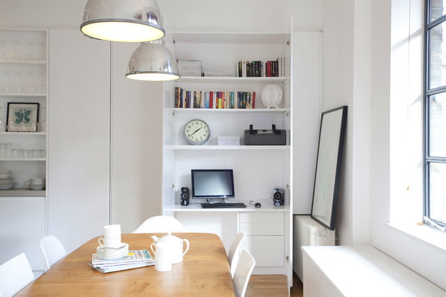 Hideaway Home Office in a Immaculate White Stark Small Space Interior Design