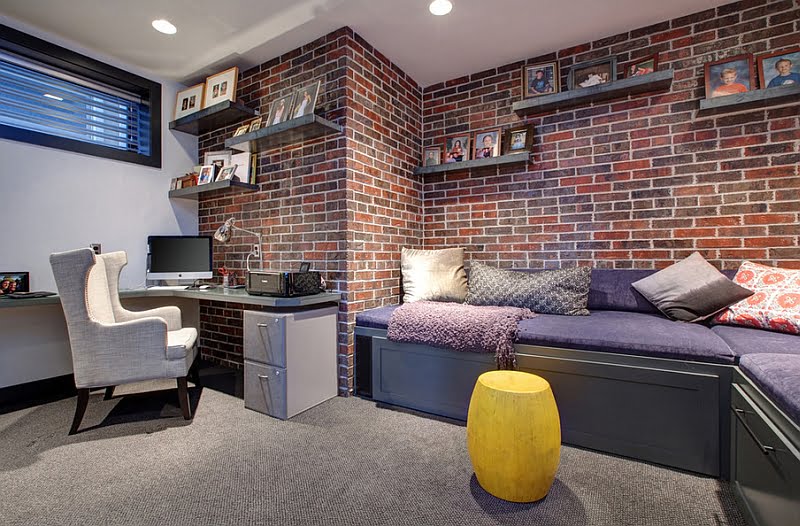 Simple Contemporary Basement Home Office with a Brick Wall as Background
