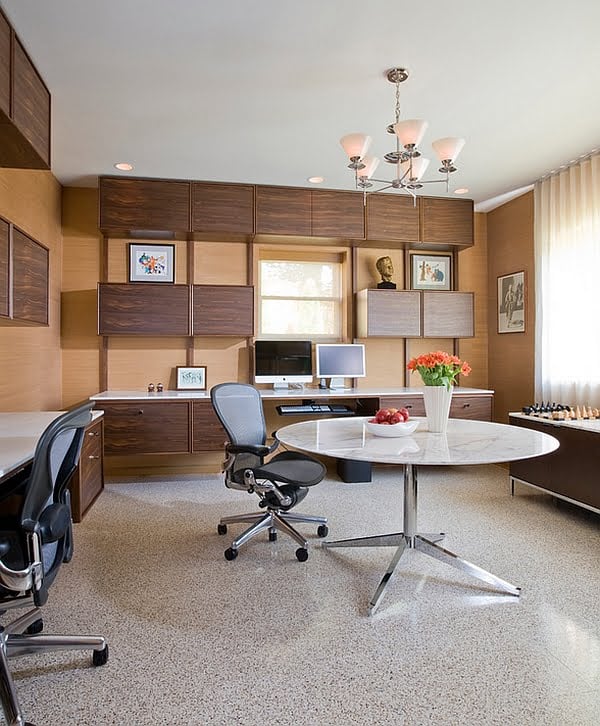 Custom Made Floating Cabinets and Desks Aside Midcenturty Modern Decor for Basement Home Office