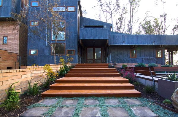 Intriguing modern xeriscaping near the steps of a modern yard