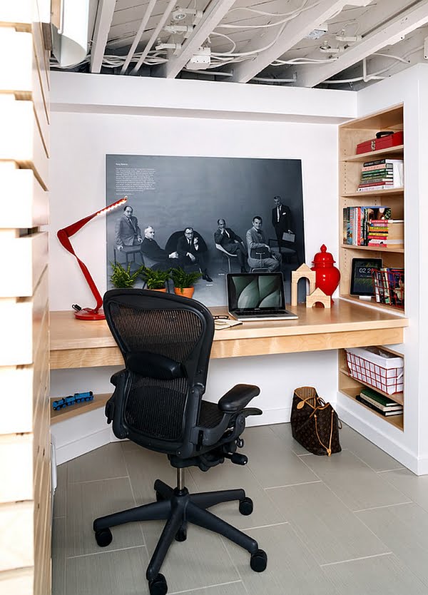 Small Basement Home Office with a Jaw Dropping Built in Desk and Smart Wall Shelves