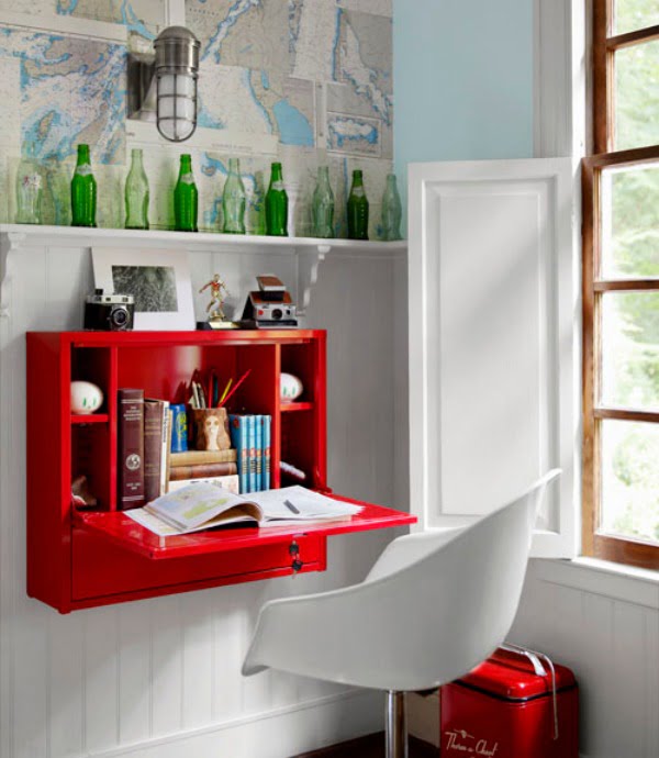 Small Red Fold Down Desk by the Window