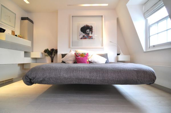 Simple Chic Modern Bedroom With a Gray Bed Floating