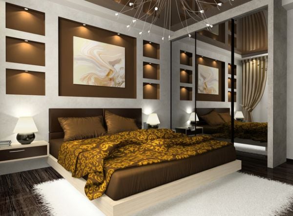 Contemporary Golden and Brown Hues Embracing a Floating Bed