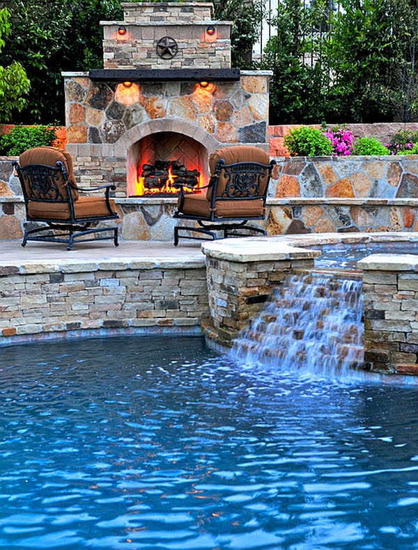 Custom Pool and Spa Fireplace in the Perfect Scenery