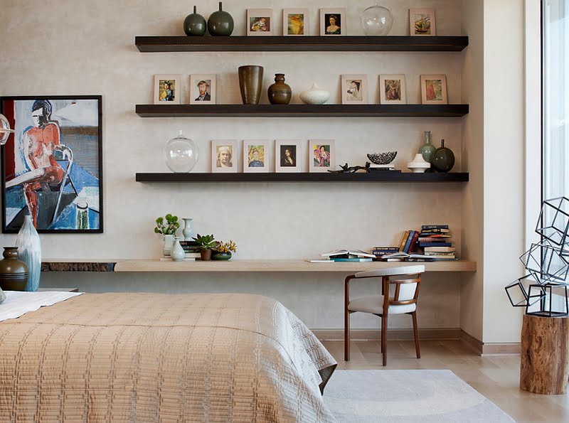 Floating Shelves in Neat Corner Bedroom Workstation