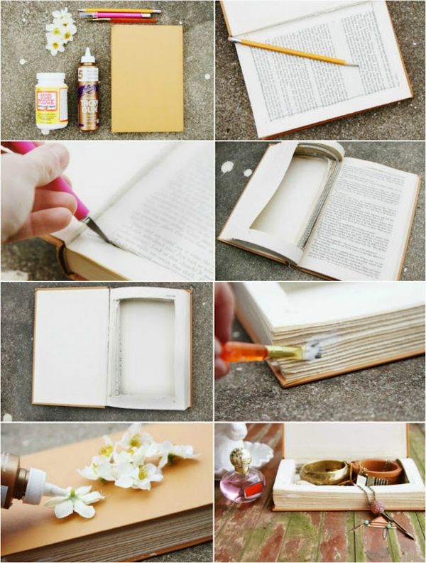 Hidden Storage Ideas Create a Hidden Spot in the Library by Sticking All The Pages of a Book and Cropping the Middle
