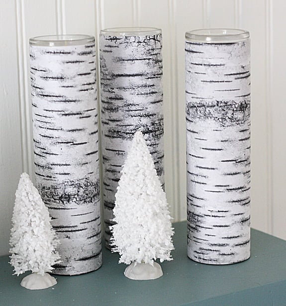 11. DECORATE YOUR CANDLE HOLDERS WITH TREE BARK PAPER