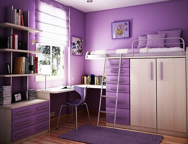 Space Efficient Purple Bedroom Interior Design