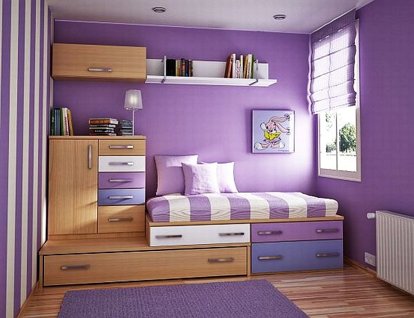 Space Efficient Bedroom Design For Teenage Girl in Purple