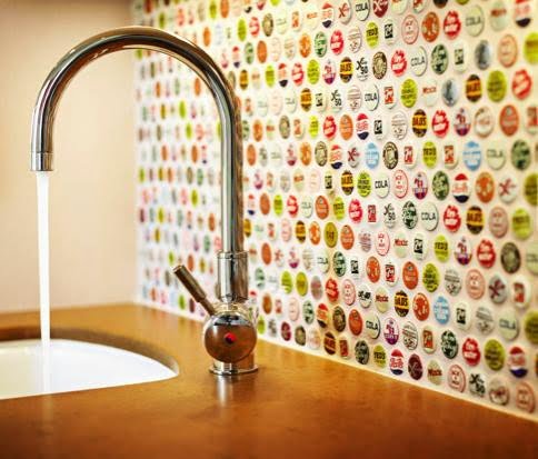 super cool bottle cap backsplash in airy kitchen decor