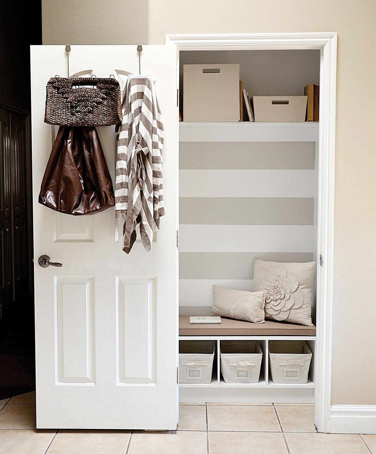 4. Organize your entry closet and make a bench where you can sit and put your shoes on