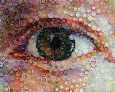  bottle cap art portraying a human eye, great detail obtained through overlapped caps of different colors.