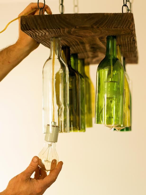 Wood and glass bottle chandelier