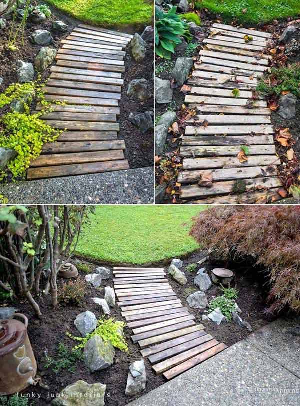 #1 USE SALVAGED WOOD FROM BROKEN PALLETS TO CREATE GARDEN PATHS
