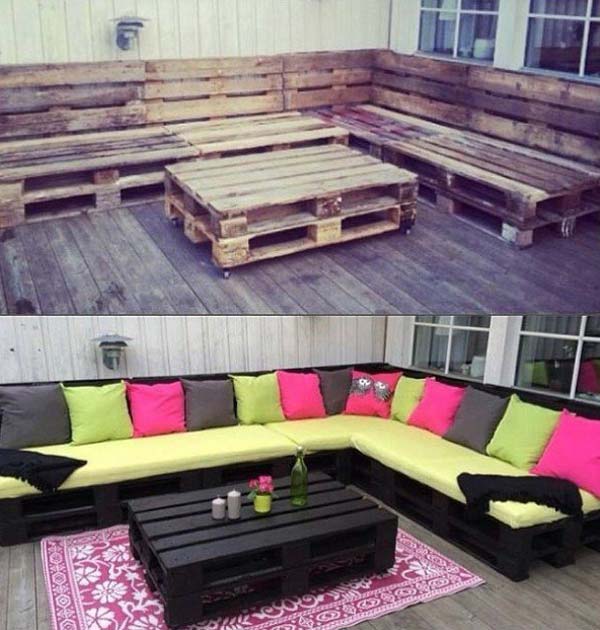 #3 USE MULTIPLE WOODEN PALLETS TO CREATE A CORNER SOFA ON THE PATIO