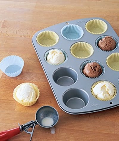 52. PART ICE CREAM SCOOPS SERVED PERFECTLY IN MUFFIN PANS FILLED WITH LINERS