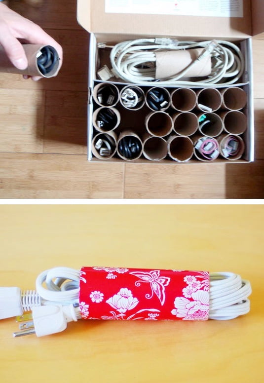56. ORGANIZE POWER CORDS WITH TOILET PAPER ROLLS