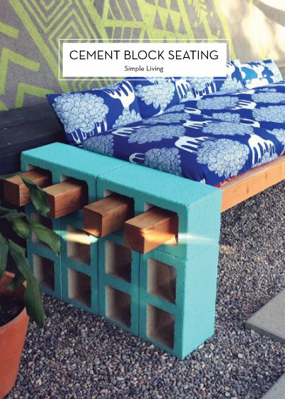 21. ADD A FEW BEAMS TO COLORFUL CEMENT BLOCK AND YOU'VE GOT YOURSELF A BEAUTIFUL BENCH