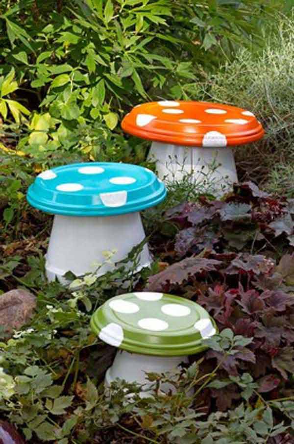 2. Terracotta Pots and Some Drain Trays Beautifully Merged Into Colorful Mushrooms