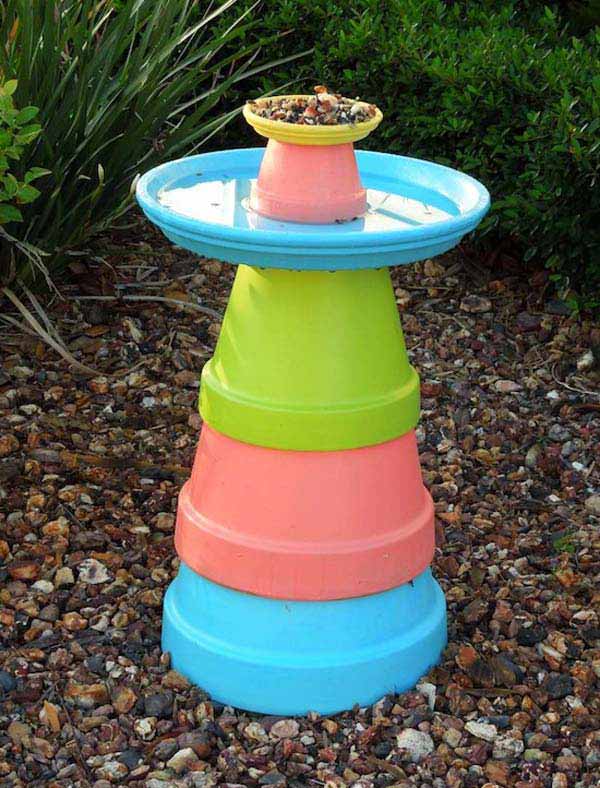 21. Colorful DIY Clay Flower Pot Bird Bath