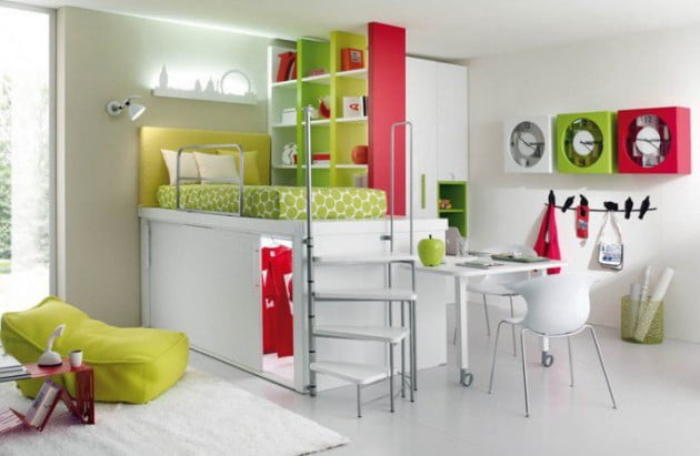 #12 Colorful Pink and Olive Green in White Stark Small Bedroom Design