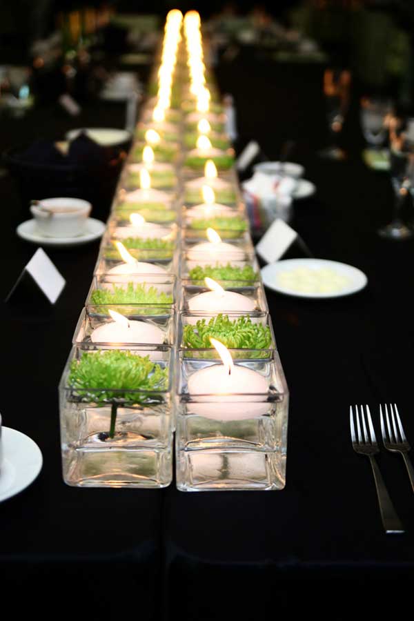 #3 Floating Candles Combined Playfully With Green Dandelions in a Centerpiece