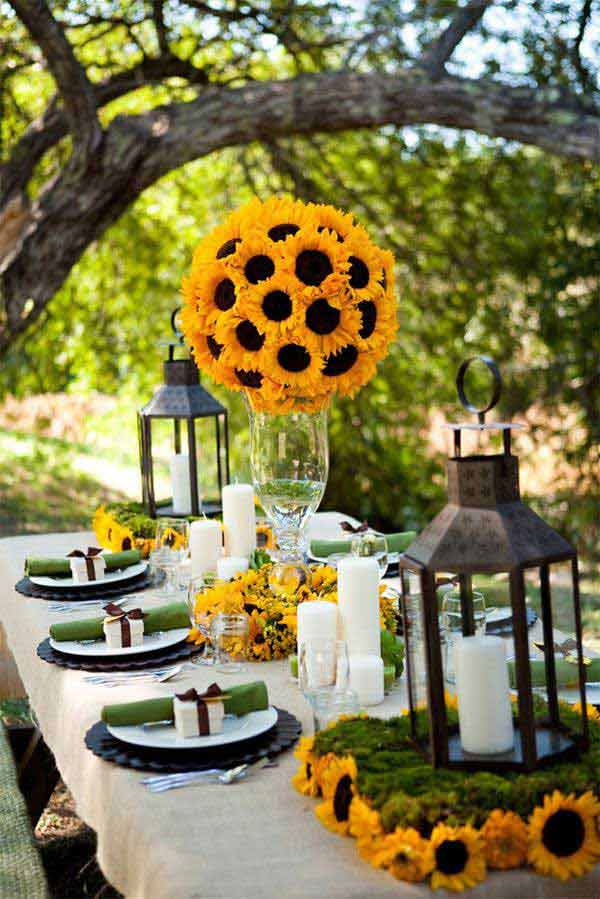 8 Sunflower Wedding Centerpiece Working as a Focal Point in a Fairy Tale Decor