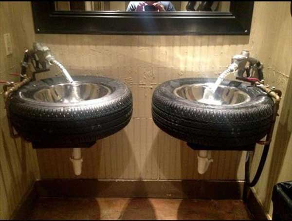 1. Gas Station Sinks Realized From Tires and Old Fuel Pumps Transformed Into Water Faucets