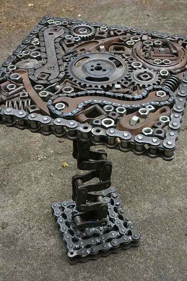 15. Bike Parts Up-cycled Into a an Industrial Side Table