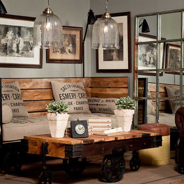 17. Iron Frames Holding a Beautiful Vintage Industrial Sofa by a Cart Up-cycled Into a Coffee Table